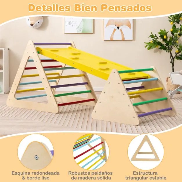 Conjunto de escalada 3 em 1 para crianças 2 escadas triangulares e 1 rampa para deslizar e escalar ponte de madeira multicolorida