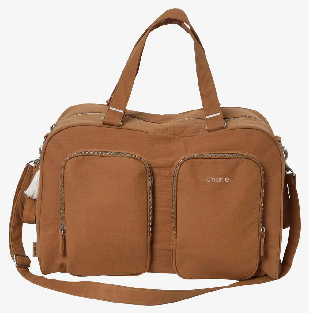 Saco muda-fraldas com vários bolsos, em gaze de algodão, Family L castanho claro liso