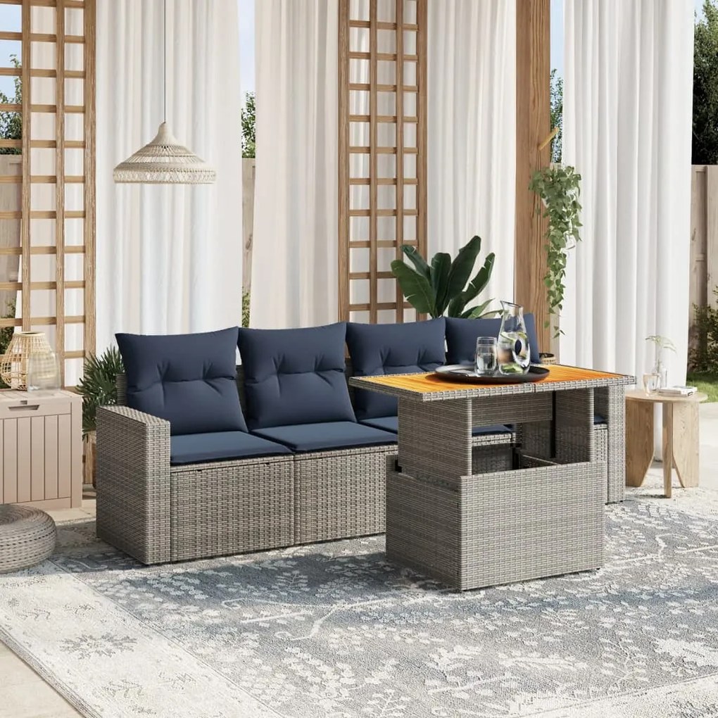 vidaXL 5 pcs conjunto sofás p/ jardim c/ almofadões vime PE cinzento