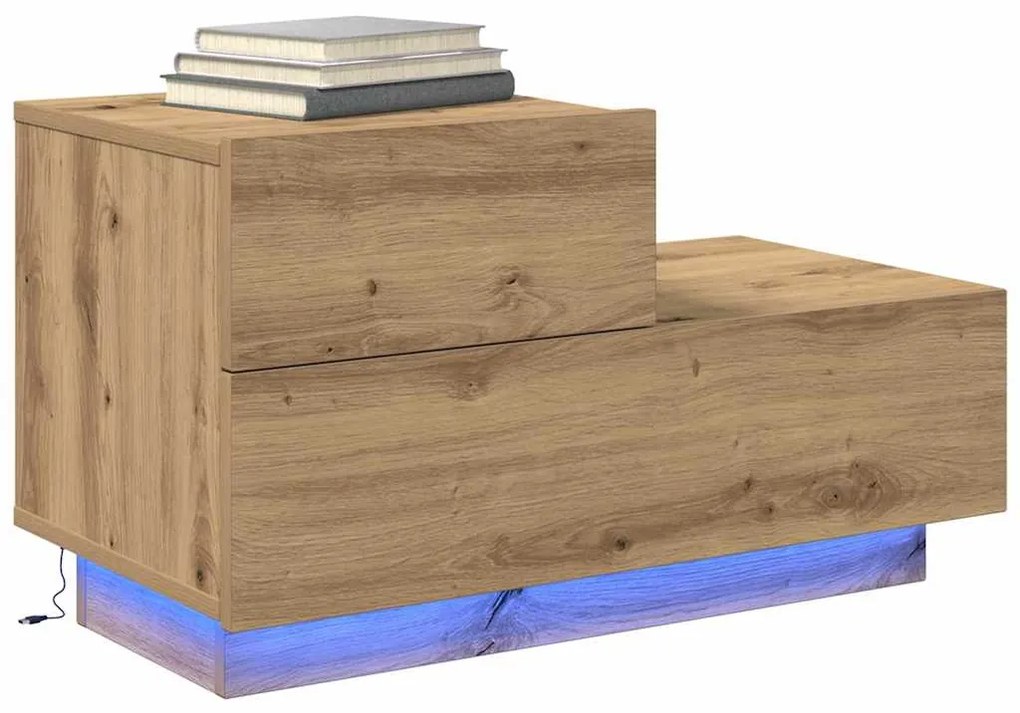 Mesa de Cabeceira vidaXL com Luzes LED Carvalho Artesanal 100x36x49 cm