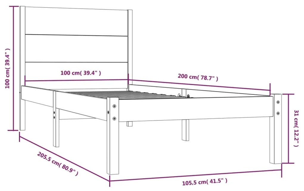 Estrutura de cama 100x200 cm pinho maciço