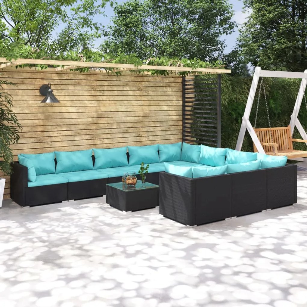 vidaXL 11 pcs conjunto lounge de jardim c/ almofadões vime PE preto