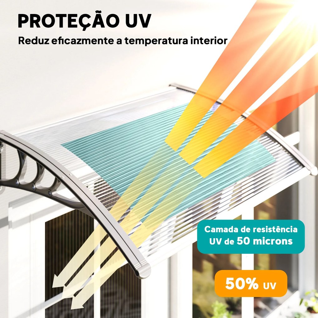 Marquise para Portas e Janelas 100x75 cm Toldo de Proteção contra Sol e Chuva com Cobertura de Policarbonato e Barra de Alumínio Transparente