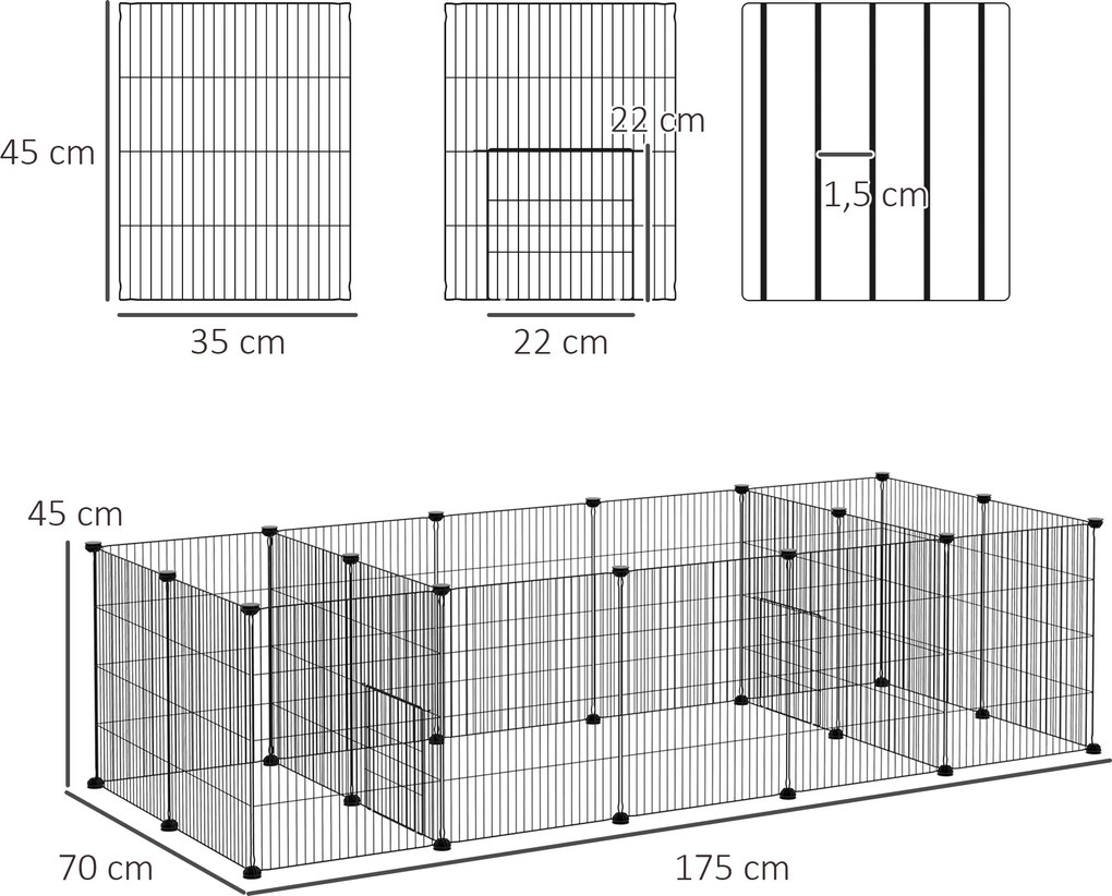 Recinto modular para pequenos animais (coelhos, roedores, cachorrinhos) – 18 painéis de arame de aço, 2 portas, 175 x 70 x 45, preto