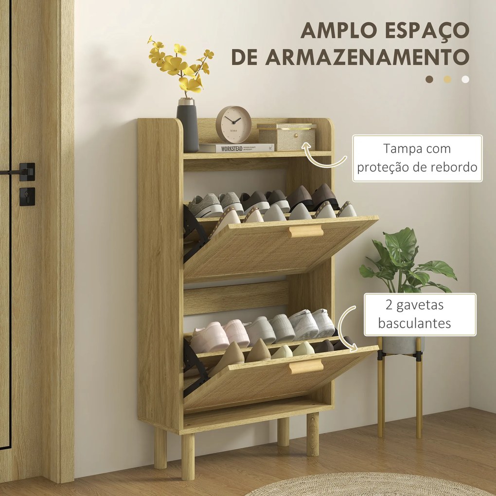 Móvel Sapateira de Entrada com 2 Gavetas Basculantes e 1 Prateleira Aberta para 18 Pares de Sapatos 80x24,5x110 cm Carvalho