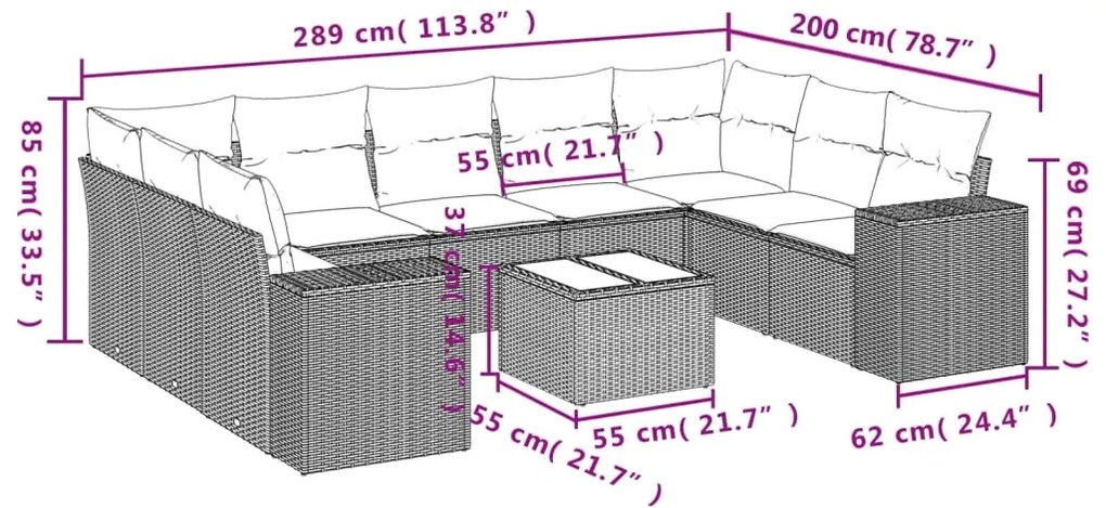 10 pcs conjunto sofás de jardim c/ almofadões vime PE cinzento