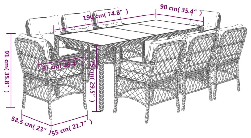 9 pcs conjunto de jantar p/ jardim c/ almofadões vime PE cinza
