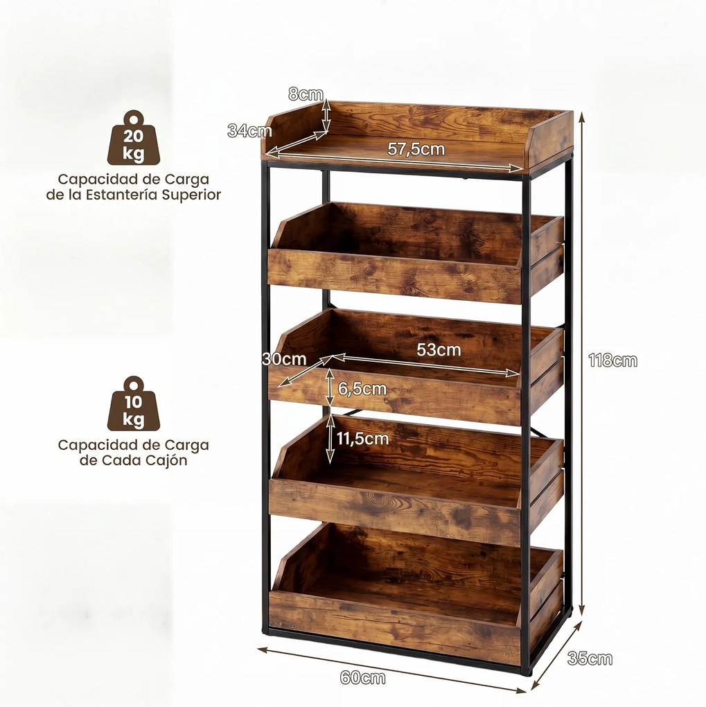 Estante de Arrumação de Cozinha, 60 x 35 x 118 cm, 5 Níveis com Gavetas Removíveis, Castanho+Preto