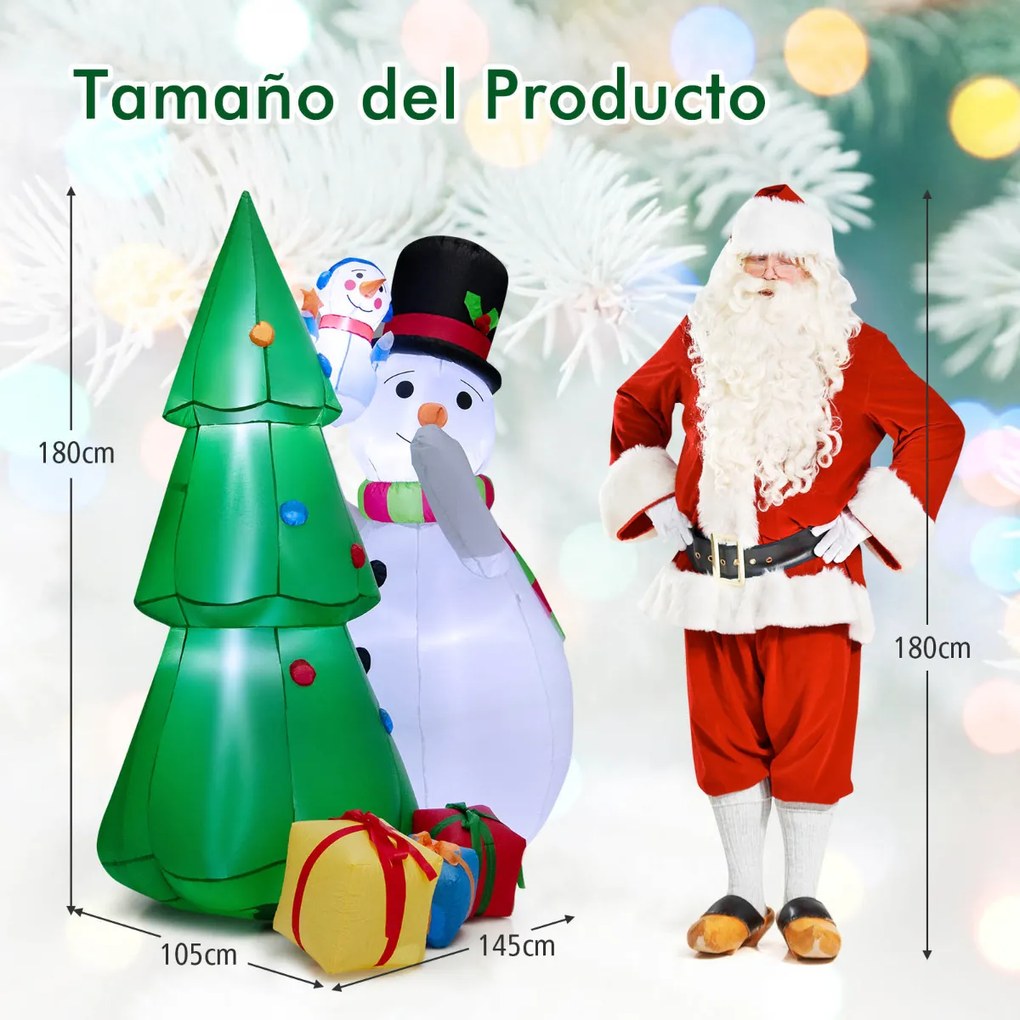 Decoração de Natal Insuflável 180 cm Árvore de Natal Insuflável com Boneco de Neve com Luz para Interior e Exterior