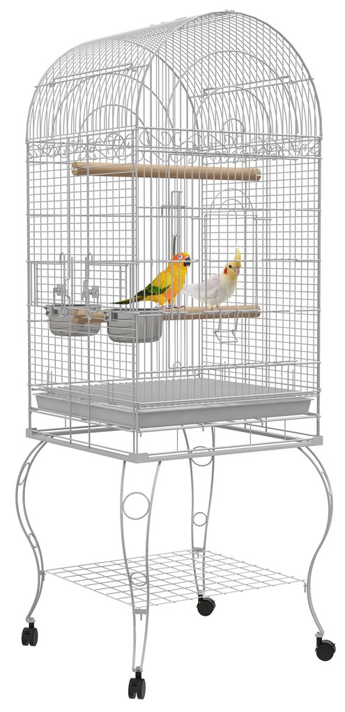 PawHut Gaiola para Pássaros com Rodas Bandeja Amovível Prateleira 2 Comedouros de Aço Inoxidável e Poleiro 51x51x153 cm Branco | Aosom Portugal