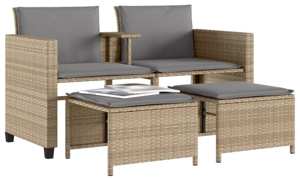 Sofá de jardim de 2 lugares com mesa e bancos vime PE bege