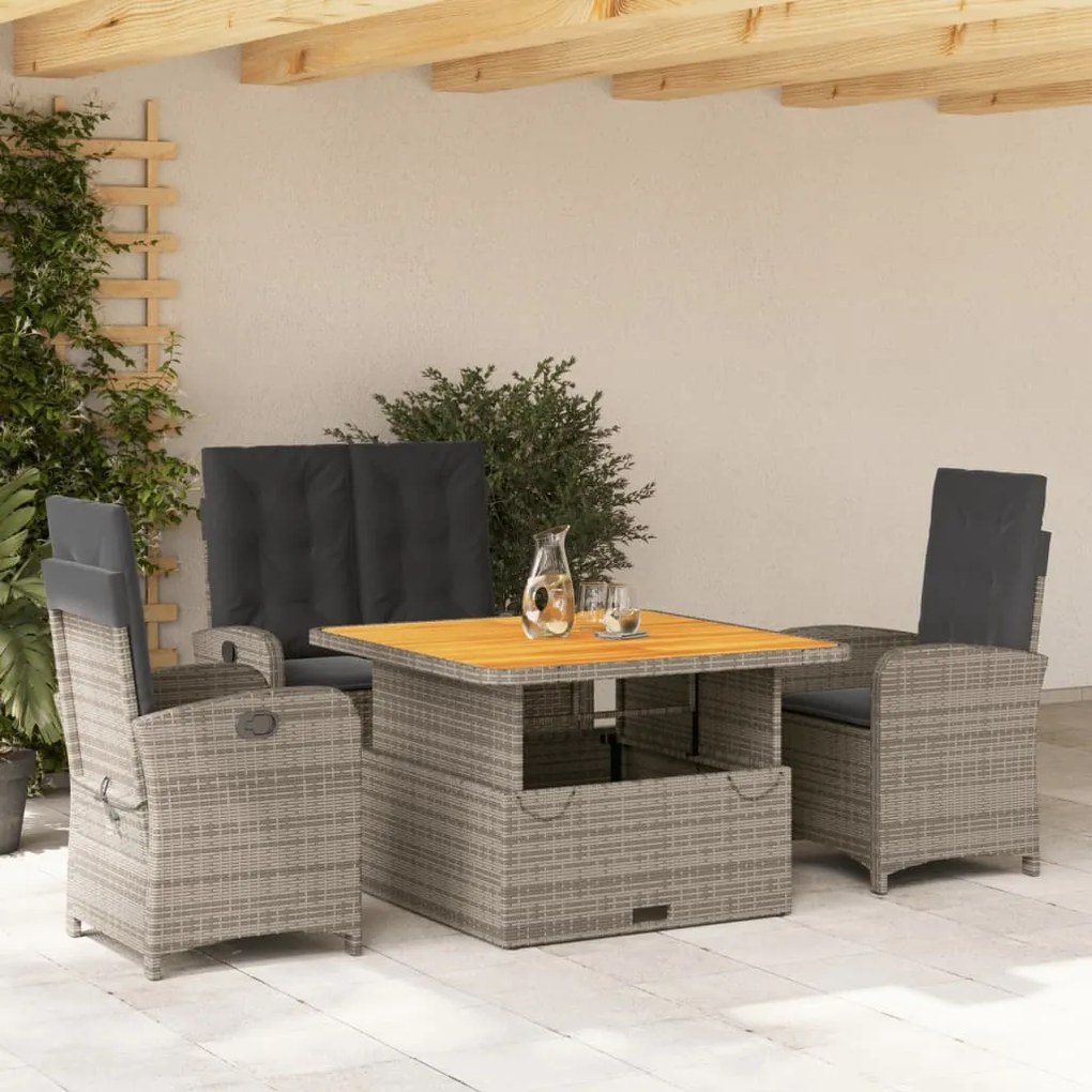 vidaXL 4 pcs conjunto de jantar p/ jardim c/ almofadões vime PE cinza