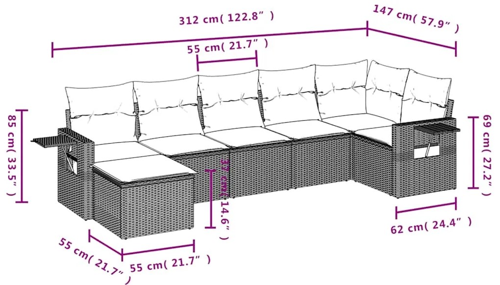 7 pcs conj. sofás jardim com almofadões vime PE cinzento-claro
