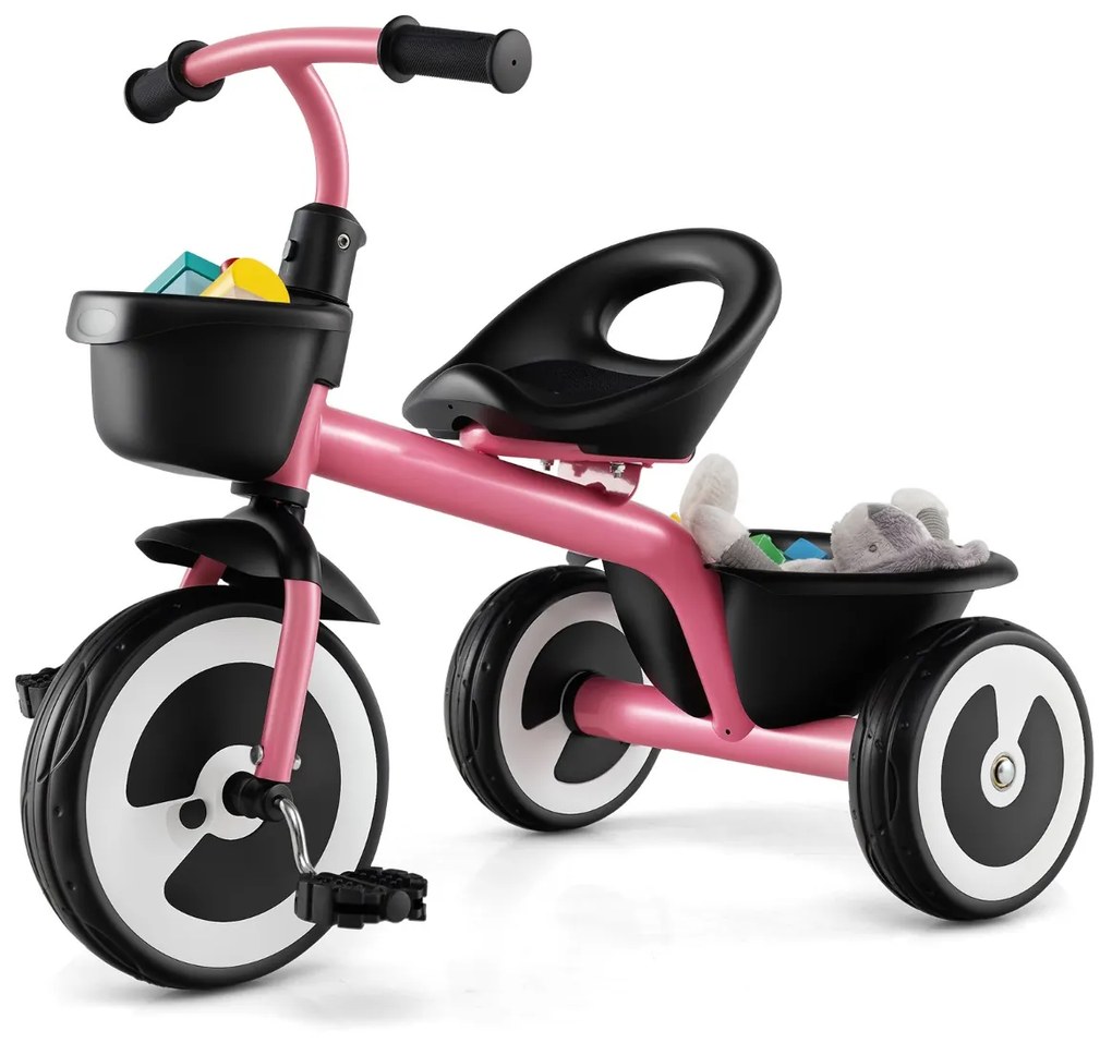 Triciclo infantil de 3 rodas com assento ajustável, cestos dianteiro e traseiro, estrutura em ferro, para 1,5 a 5 anos Rosa
