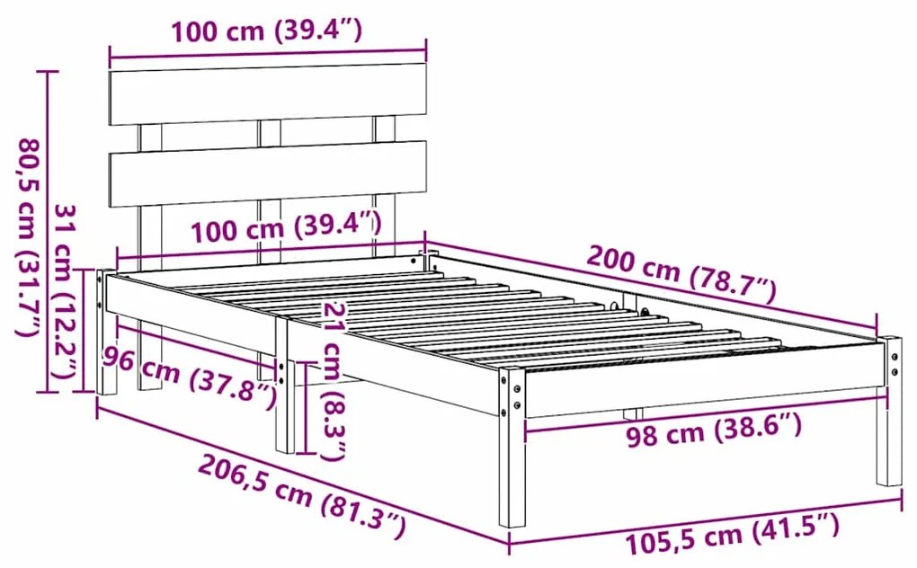 Estrado de Cama com Cabeceira 100x200 cm Madeira Maciça de Pinho