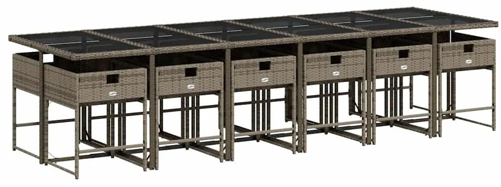 13 pcs conjunto jantar p/ jardim c/ almofadões vime PE cinzento
