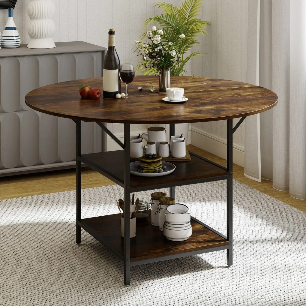 Mesa de Jantar Redonda 120 CM para 4-6 Pessoas de Cozinha Estilo Rústico com Estante Aberta de 2 Níveis Estrutura Metálica Castanha