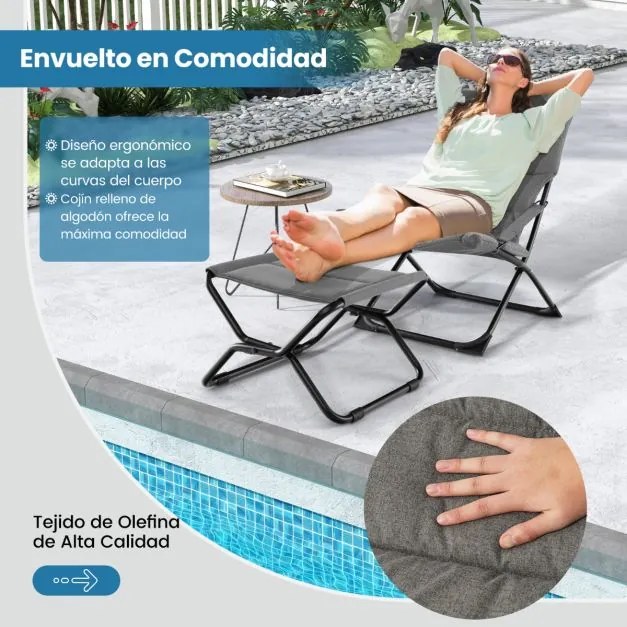 Cadeira de jardim dobrável com pufe portátil para exterior com apoio para os pés e almofada amovível reclinável Cinzento