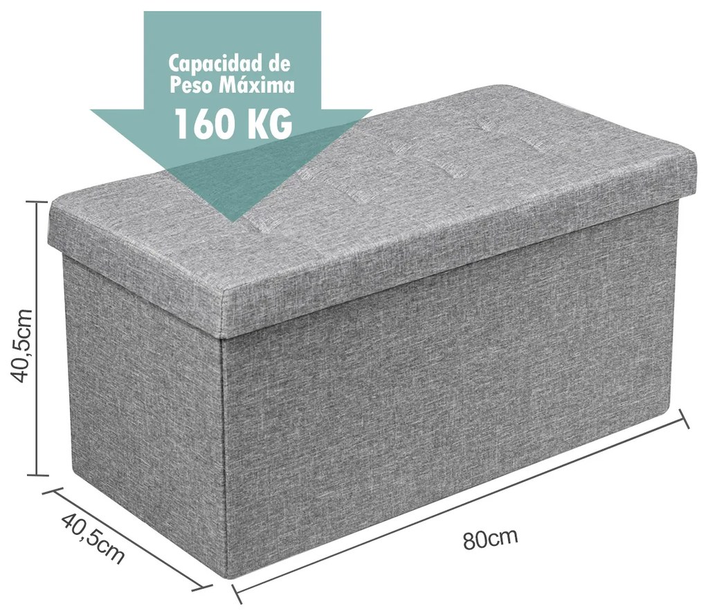 Banco dobrável com espaço para arrumação 80 cm x 40,5 cm x 40,5 cm com assento acolchoado cinza claro