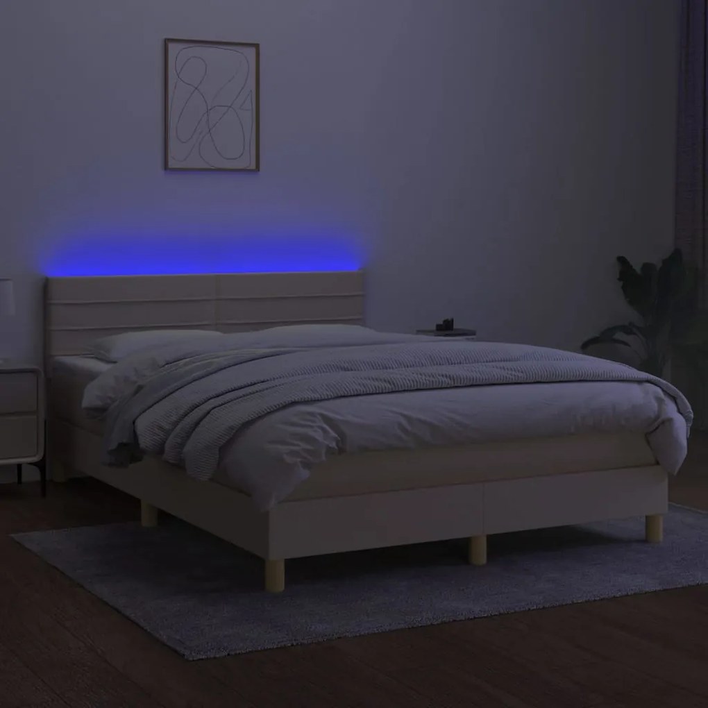 Cama box spring c/ colchão e LED 140x190 cm tecido cor creme