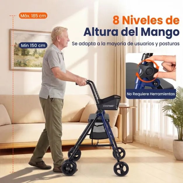 Andador para idosos com assento, pegas ajustáveis em 8 níveis, encosto em malha, bolsa de arrumação e rodas, preto + azul