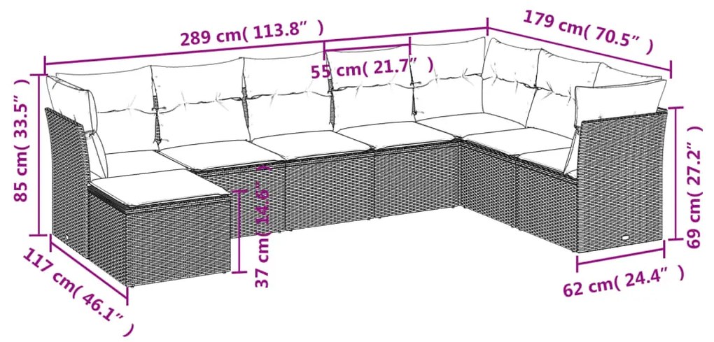 8 pcs conjunto sofás de jardim com almofadões vime PE preto