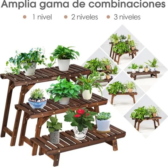 Estante com 3 níveis para plantas de madeira para flores para jardim, pátio e varanda Natural
