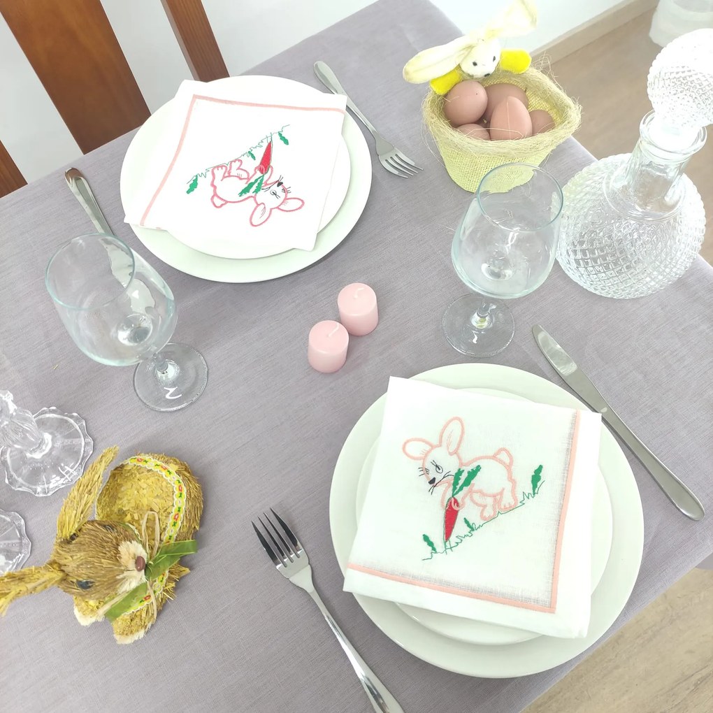 Toalha de Mesa Linho e Ponto Aberto Easter Bunny