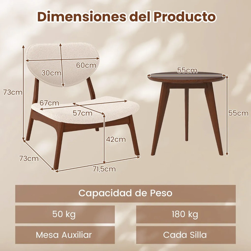 Conjunto de 2 cadeiras baixas decorativas com mesa auxiliar estofadas em veludo de carneiro com estrutura em madeira maciça bege
