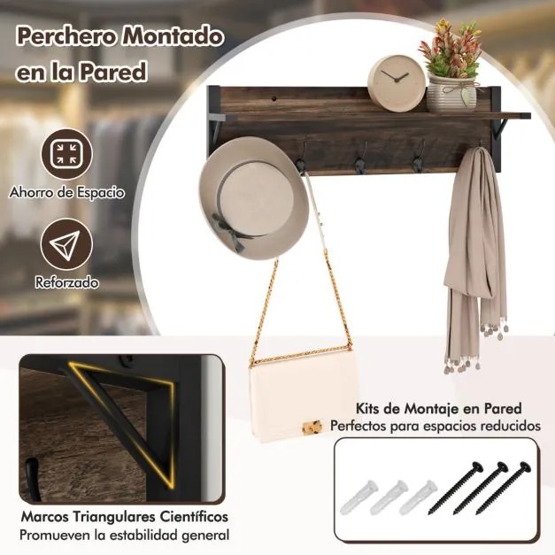 Conjunto de sapateira e bengaleiro de parede de 5 níveis com estante para sapatos e bengaleiro de parede Castanho e preto