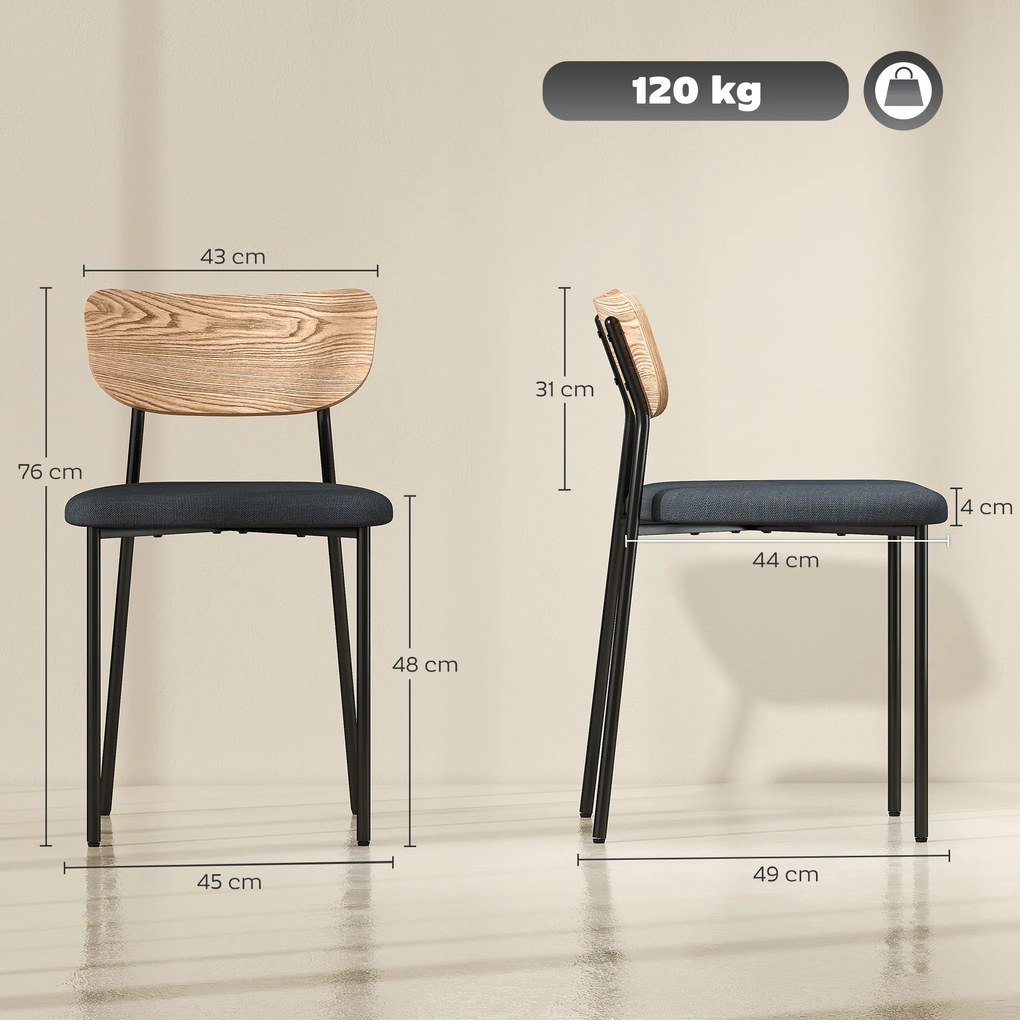 Conjunto de 2 cadeiras de sala de jantar com pés em aço, encosto curvo e assento almofadado, cinzento e com efeito de madeira natural
