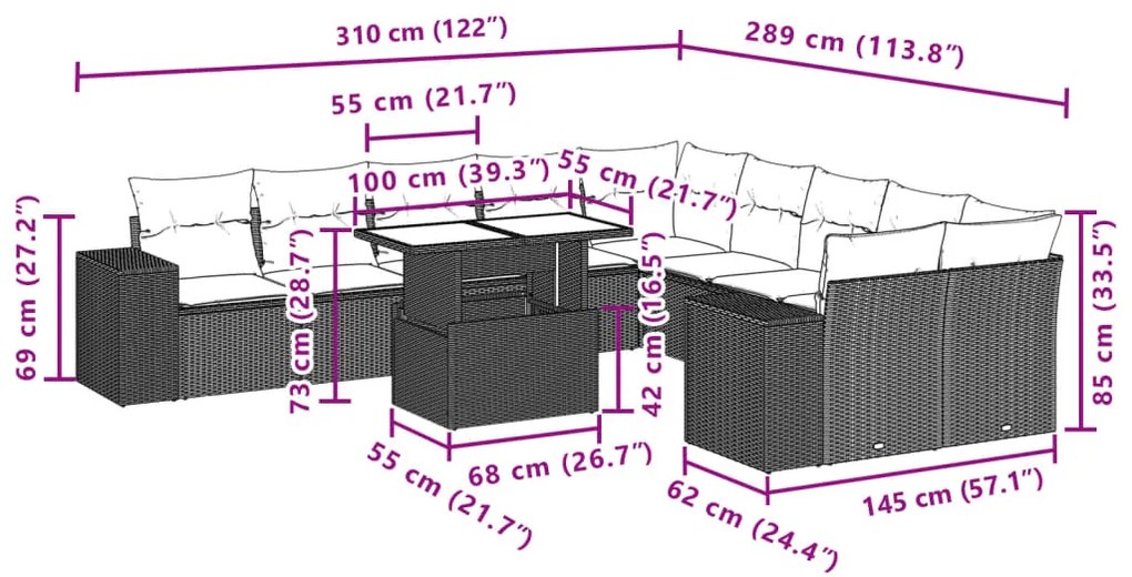 11 pcs conjunto sofás de jardim c/ almofadões vime PE preto