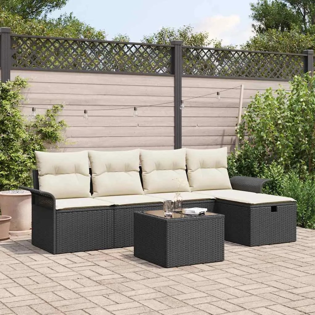 vidaXL Conjunto de Sofá de Jardim com 6 Peças e Almofadas Preto em Rattan Sintético.