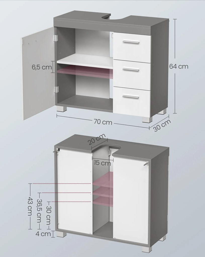 Armário Casa de Banho sob Lavatório com 3 gavetas grandes 30 x 70 x 64 cm Cinzento-cimento branco