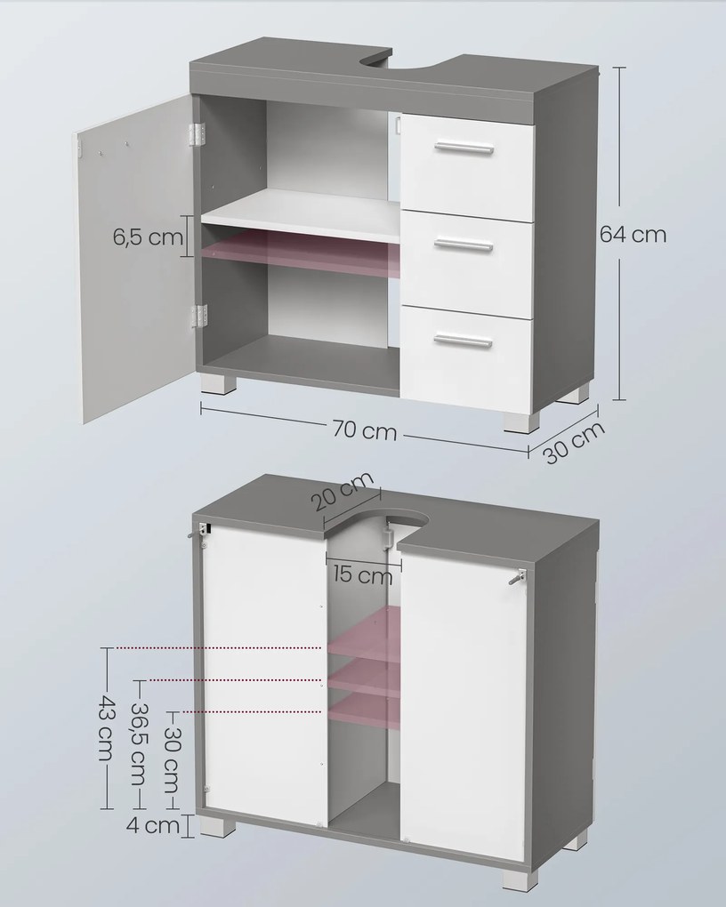 Armário de casa de banho para lavatório (não incluído) 2 compartimentos 30 x 70 x 64 cm Branco-cinzento cimento
