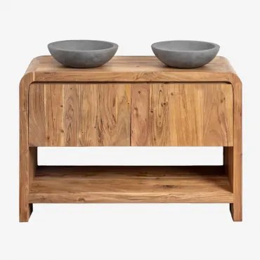 Conjunto De Móvel De Casa De Banho Em Madeira Vacry Castanho Acácia & 2 X Cimento Cinzento Redondo Ø40 Cm Tarsis & Sem Espelho & Sem Torneira & Ș -
