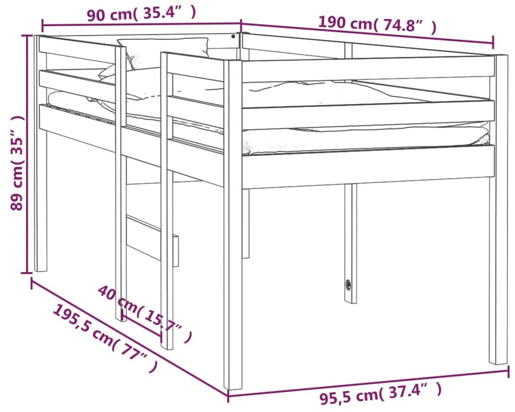 Cama alta 90x190 cm madeira de pinho maciça branco
