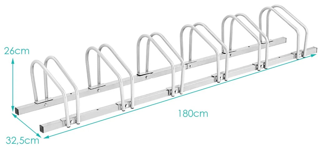 Estacionamento para 6 bicicletas Porta-bicicletas para casa, jardim, garagem, parque Porta-bicicletas 180 x 32,5 x 26 cm Prata