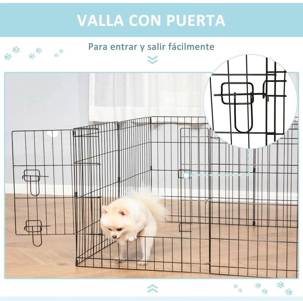 PawHut Parque para Cães 8 Painéis 61x61cm Dobráveis Gaiola Metálica para Animais de Estimação com Porta e Dupla Fechadura para Jardim Pátio Exterior Preto
