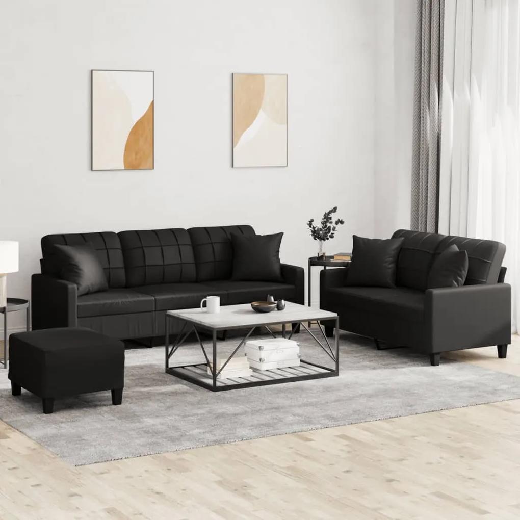 3201393 vidaXL 3 pcs conjunto de sofás com almofadas couro artificial preto