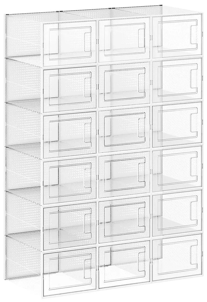 Caixas de sapatos SONGMICS, pacote com 18 organizadores empilháveis ​​para guardar sapatos, dobráveis ​​e versáteis para tênis, cabem até o tamanho 12 do Reino Unido, transparentes e brancos LSP18MWT