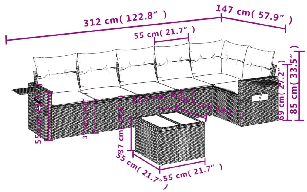 7 pcs conjunto sofás p/ jardim c/ almofadões vime PE cinzento