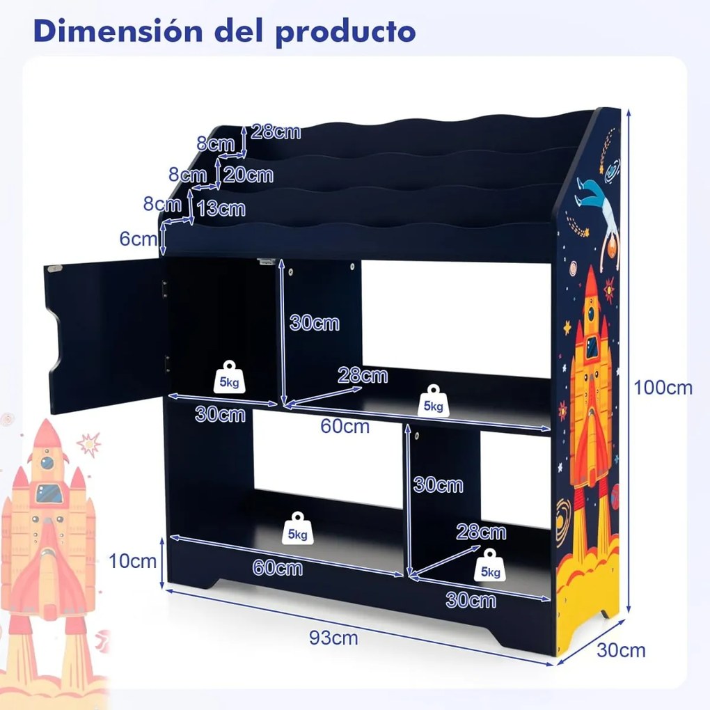 Armário 3 em 1 para crianças com 3 níveis Armário de arrumação para crianças para sala de jogos Jardim de infância 93 x 30 x 100 cm Azul