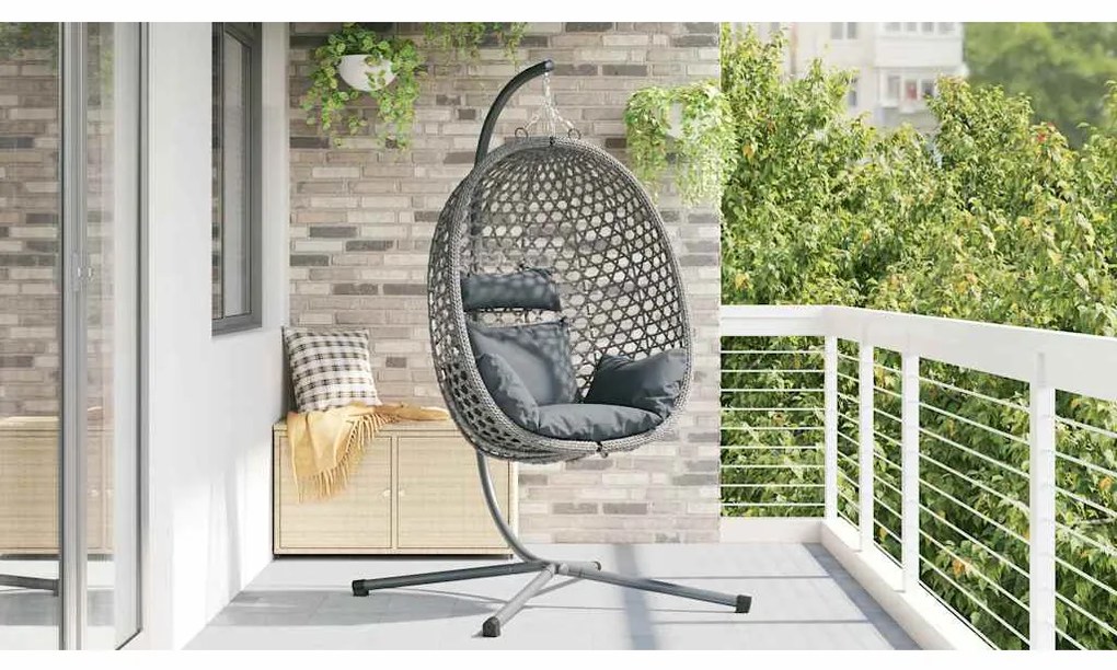 Cesta de Cadeira de Ovo com Suporte em Cinza Rattan Sintético