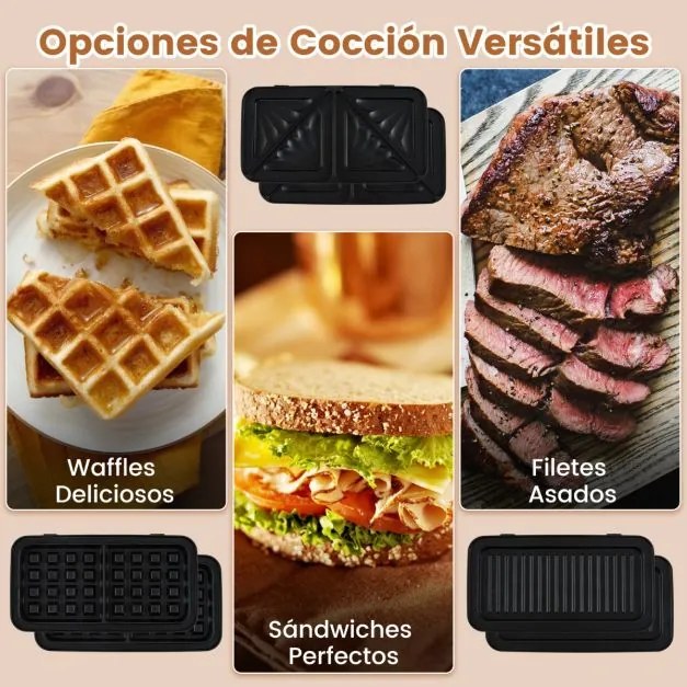 Máquina de waffles 3 em 1, sanduicheira e grelha com placas antiaderentes intercambiáveis e removíveis com regulador de temperatura Preto