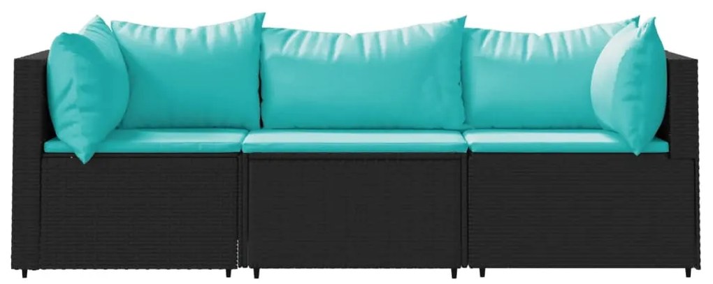 3 pcs conjunto lounge de jardim c/ almofadões vime PE preto