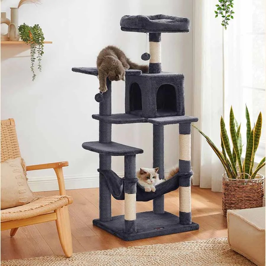 Arranhador para Gatos com 143 cm de altura e 4 postes para arranhar Cinzento fumado