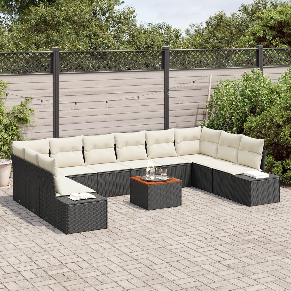 vidaXL Conjunto de Sofá de Jardim de 11 Peças com Almofadas Preto Rattan Sintético Acácia