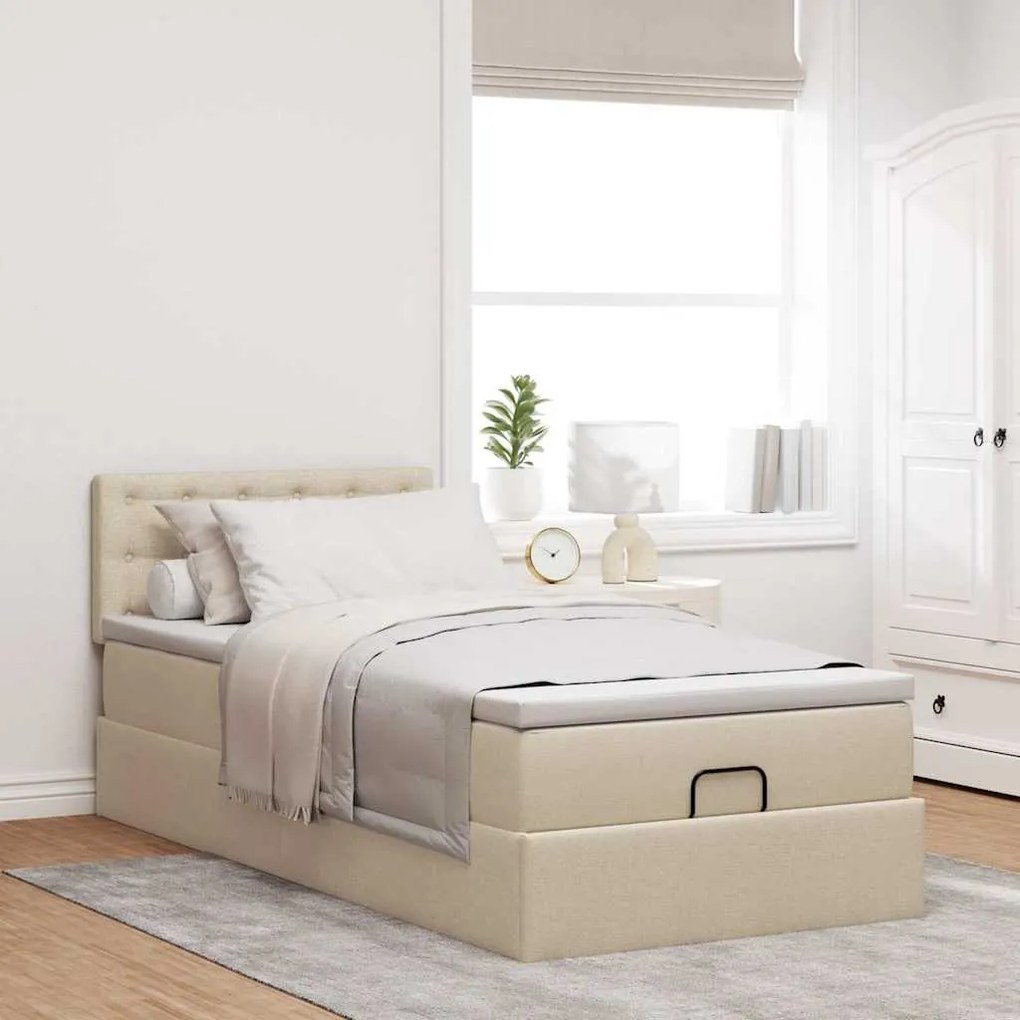 Cama Otomana com colchão &amp; LEDs 90x200 cm tecido creme