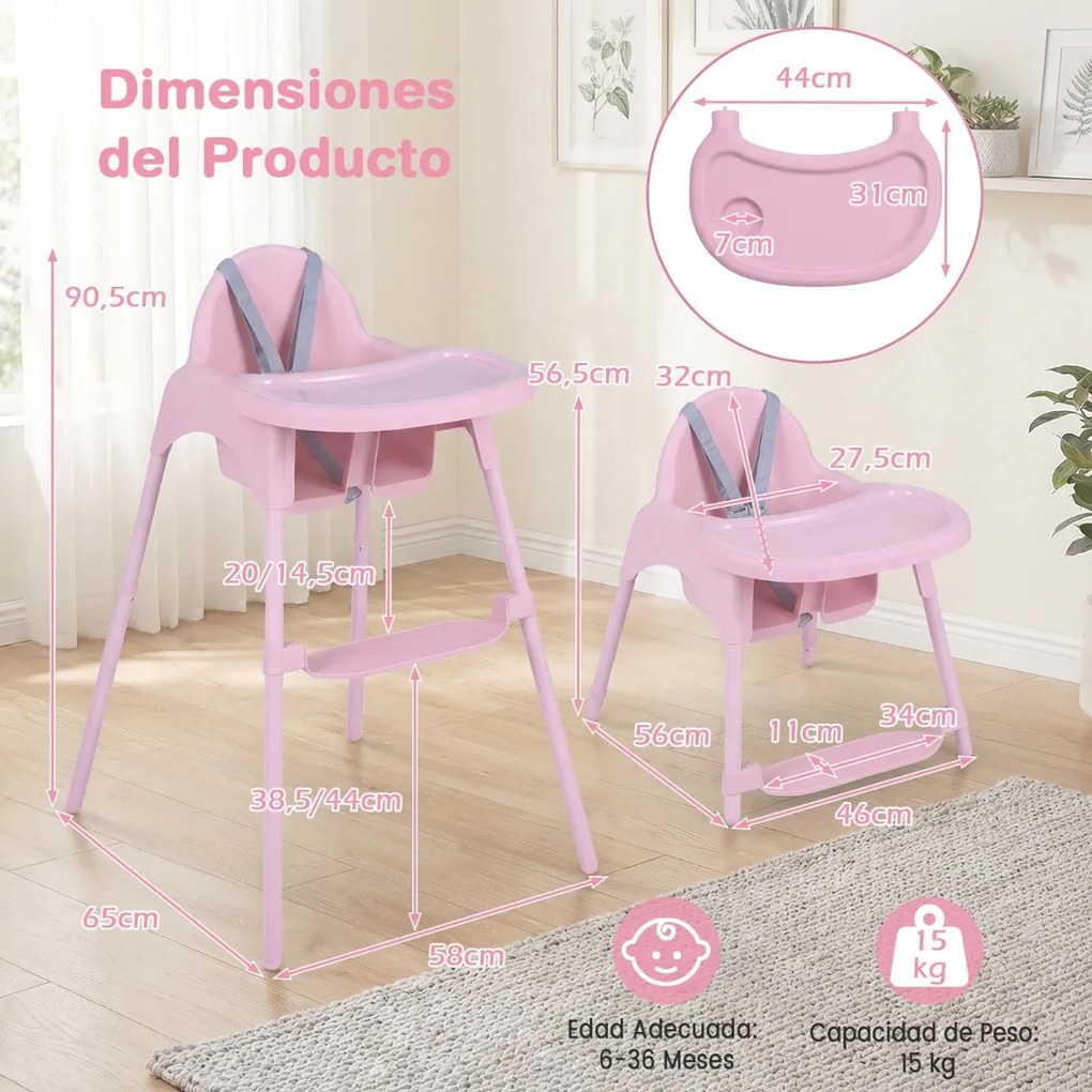 Cadeira refeição alta conversível 4 em 1 para bebés 2 alturas comTabuleiro duplo removível Arnês de 5 pontos Apoio para os pés Fácil de limpar 6-36 me